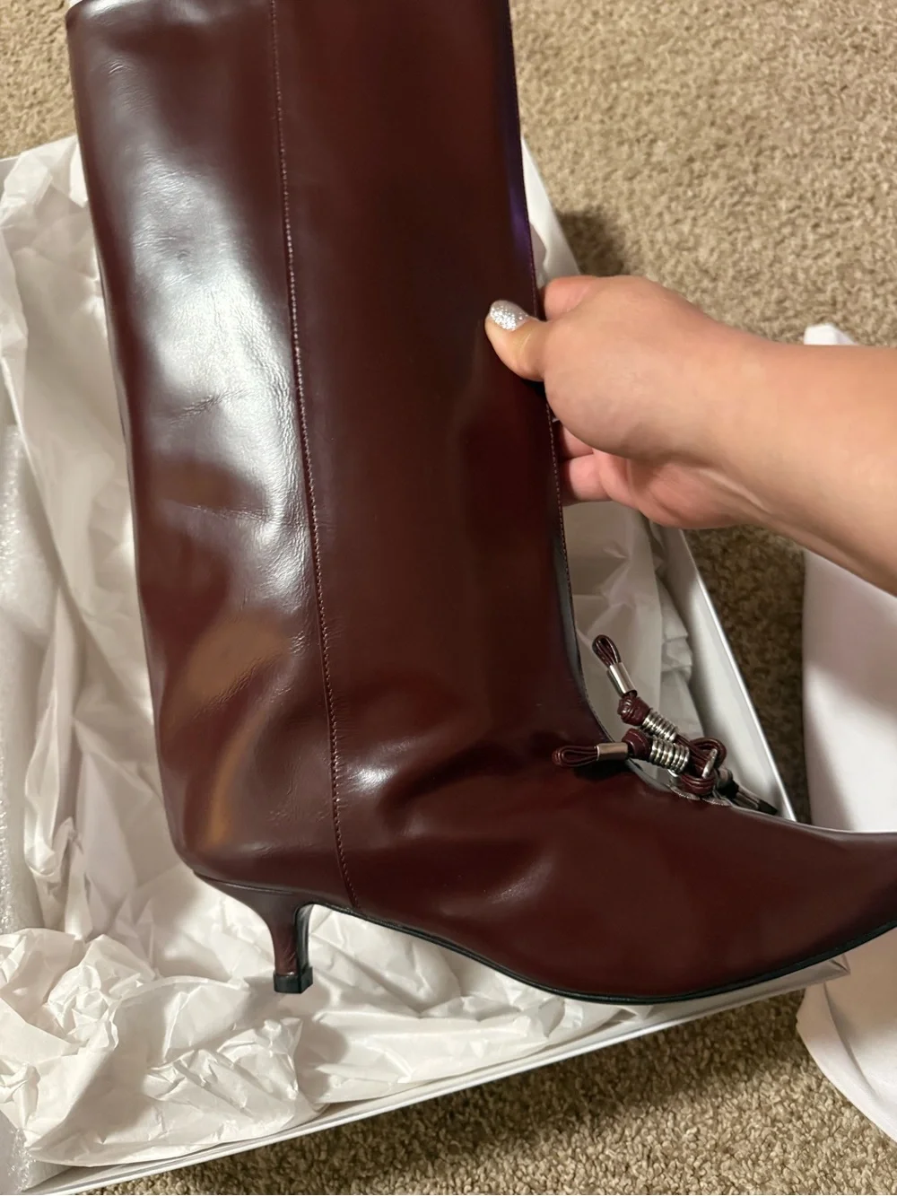 TOGA Pulla Burgundy Pointed Toe Knee-High Boot with Silver Hardware - Picture 3 of 7